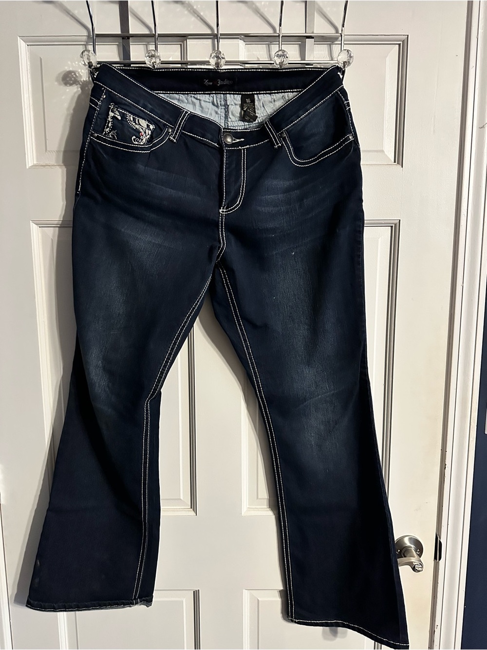 Size 16 Love Indigo Dark Indigo Flare Jeans with White Stitching